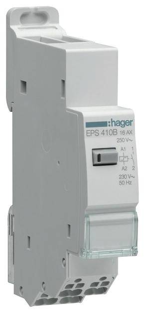 Et hvidt elektrisk relæ fra Hager med modelnummeret EPS 410 B, egnet til 230 V, 16 A, 50 Hz.