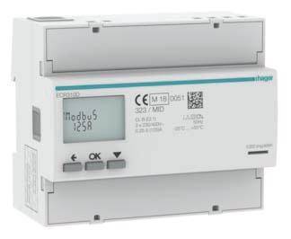 Elektriciteitsmeter met digitaal display, viser 'modbus 125R'. Behuizing van kunststof, geschikt voor DIN-railmontage.