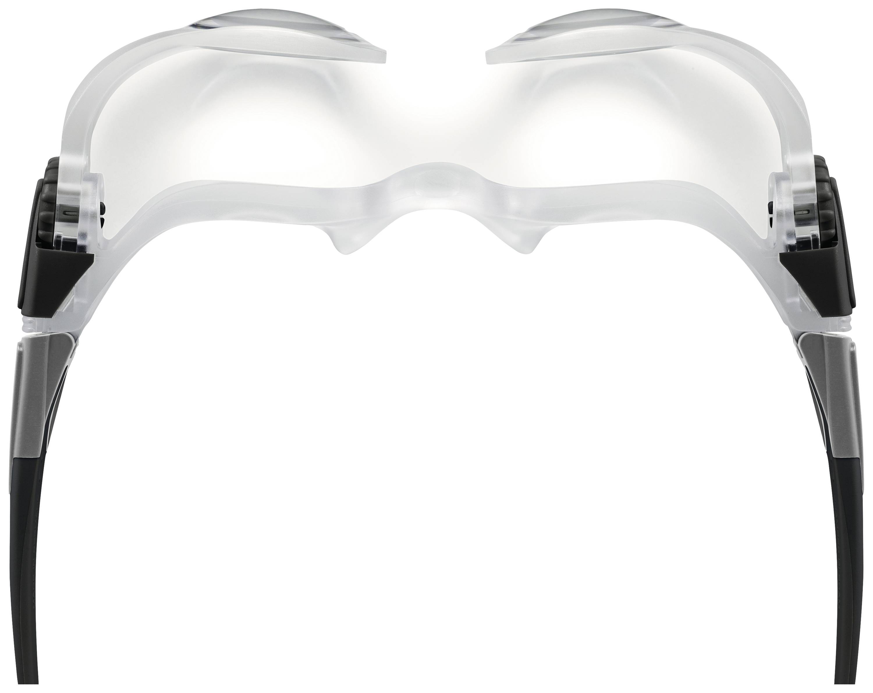 En transparent, futuristisk brille med justerbare stænger og klare linser, perfekt til præcisionsopgaver.
