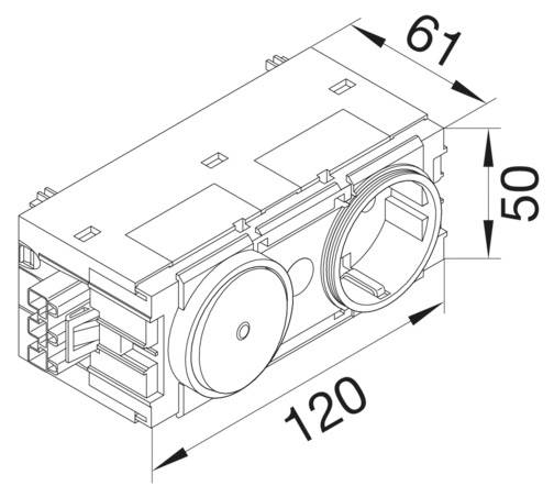Teknisk tegning af et rektangulært hus med aftagelige afdækninger. Mål: 120 mm længde, 61 mm bredde, 50 mm højde.
