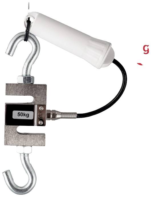 'Lastsensor med 50-kg-kapacitet, monteret mellem to kroge, forbundet med et hvidt cylindrisk hus via et kabel.'