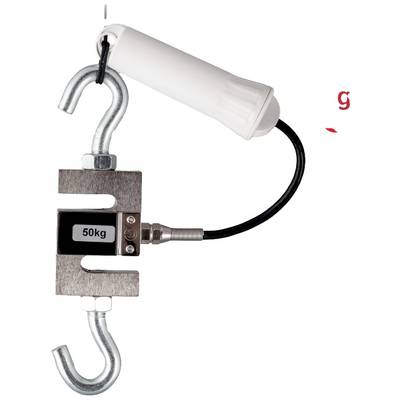 'Lastsensor med 50-kg-kapacitet, monteret mellem to kroge, forbundet med et hvidt cylindrisk hus via et kabel.'