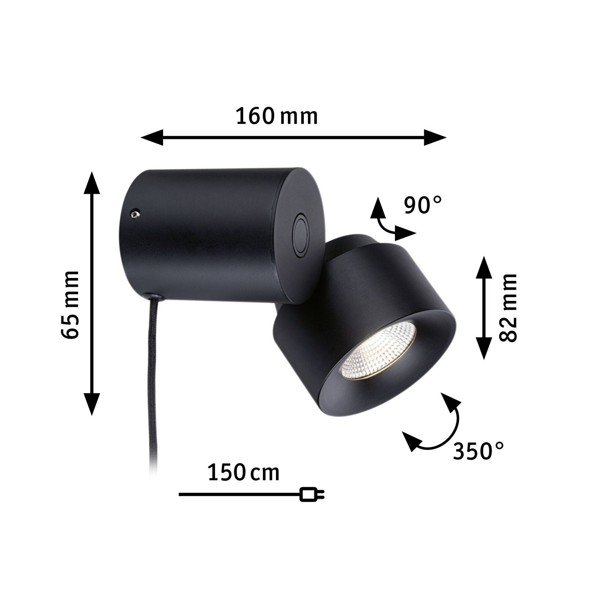 Sort væglampe med justerbart hoved. Mål: Hoved 160 mm lang, 82 mm høj, base 65 mm høj. Kan drejes 350° og vippes 90°. Ledning 150 cm.