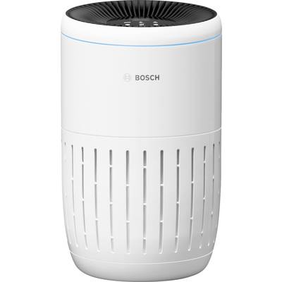 En hvid, cylinderformet luftrenser fra Bosch med ventilationsåbninger og et mærkelogo i midten.