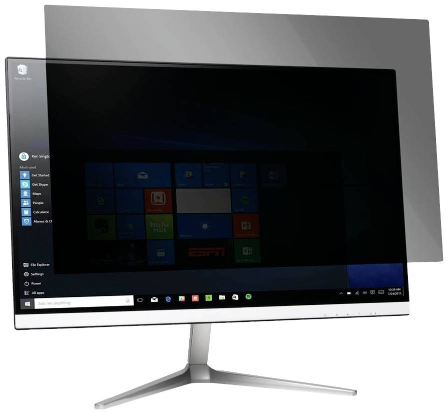 En moderne computerskærm viser Windows-startskærmen. I forgrunden er der et privatlivsfilter, som dæmper skærmen.