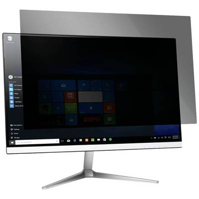 En moderne computerskærm viser Windows-startskærmen. I forgrunden er der et privatlivsfilter, som dæmper skærmen.