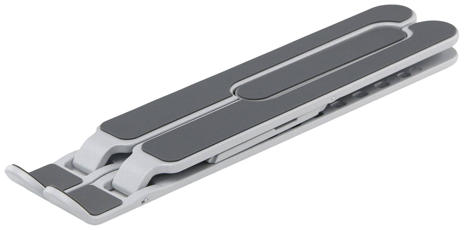 Sammenklappelig laptopstativ i metal, fladt sammenfoldelig; bærbar, med skridsikre gummiindsatser for stabilt greb.