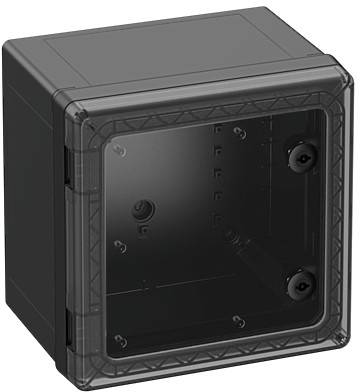 Et sort plastikgehus med gennemsigtigt låg og to skruer på indersiden. Velegnet til sikker opbevaring af elektronik.