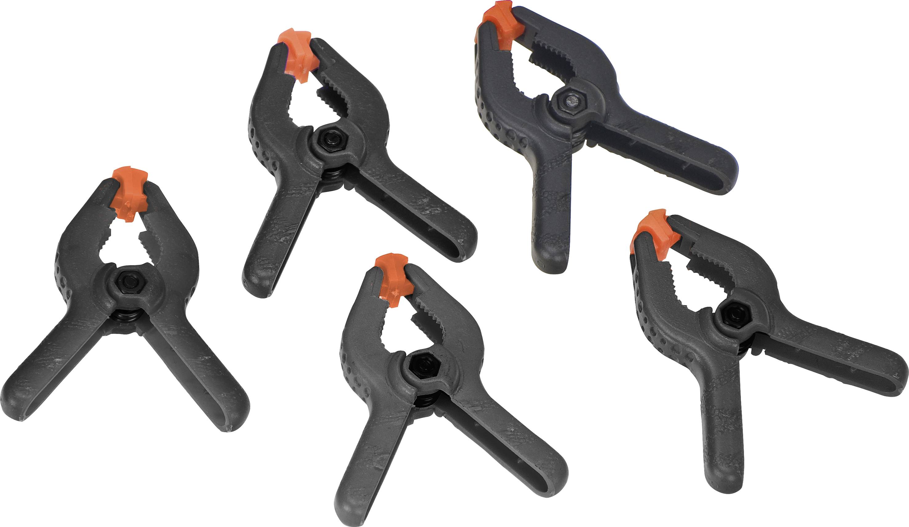 Fem sorte clips med orange spidser i forskellige positioner på en hvid baggrund.