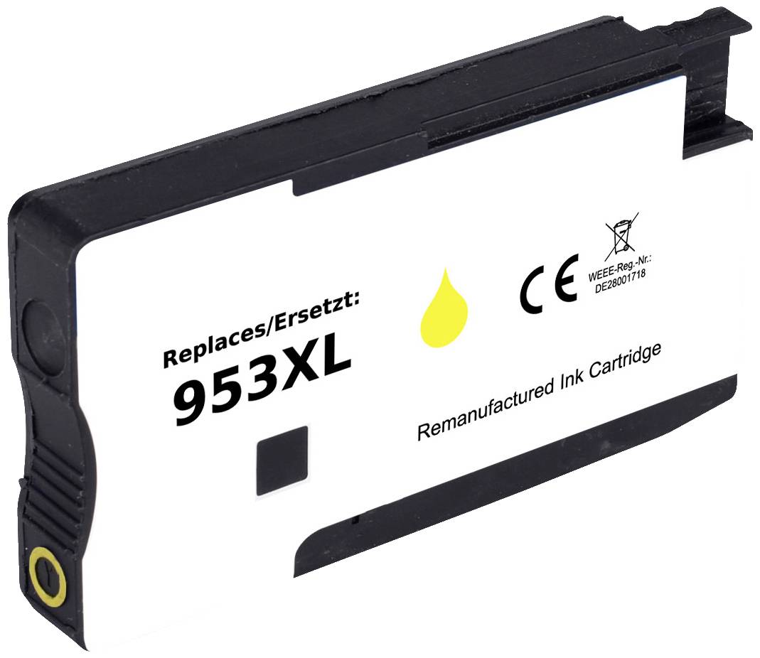 Sort blækpatron med påskriften '953XL', gult dråbemærke og symboler for CE, WEEE-reg.nr. DE2697118.