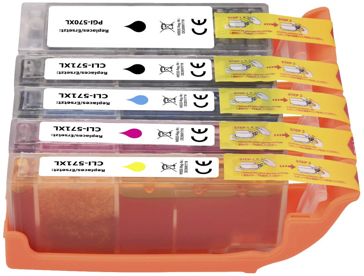 Fem blækpatroner i forskellige farver (sort, blå, magenta, gul) i et orange holder med installationsvejledning.
