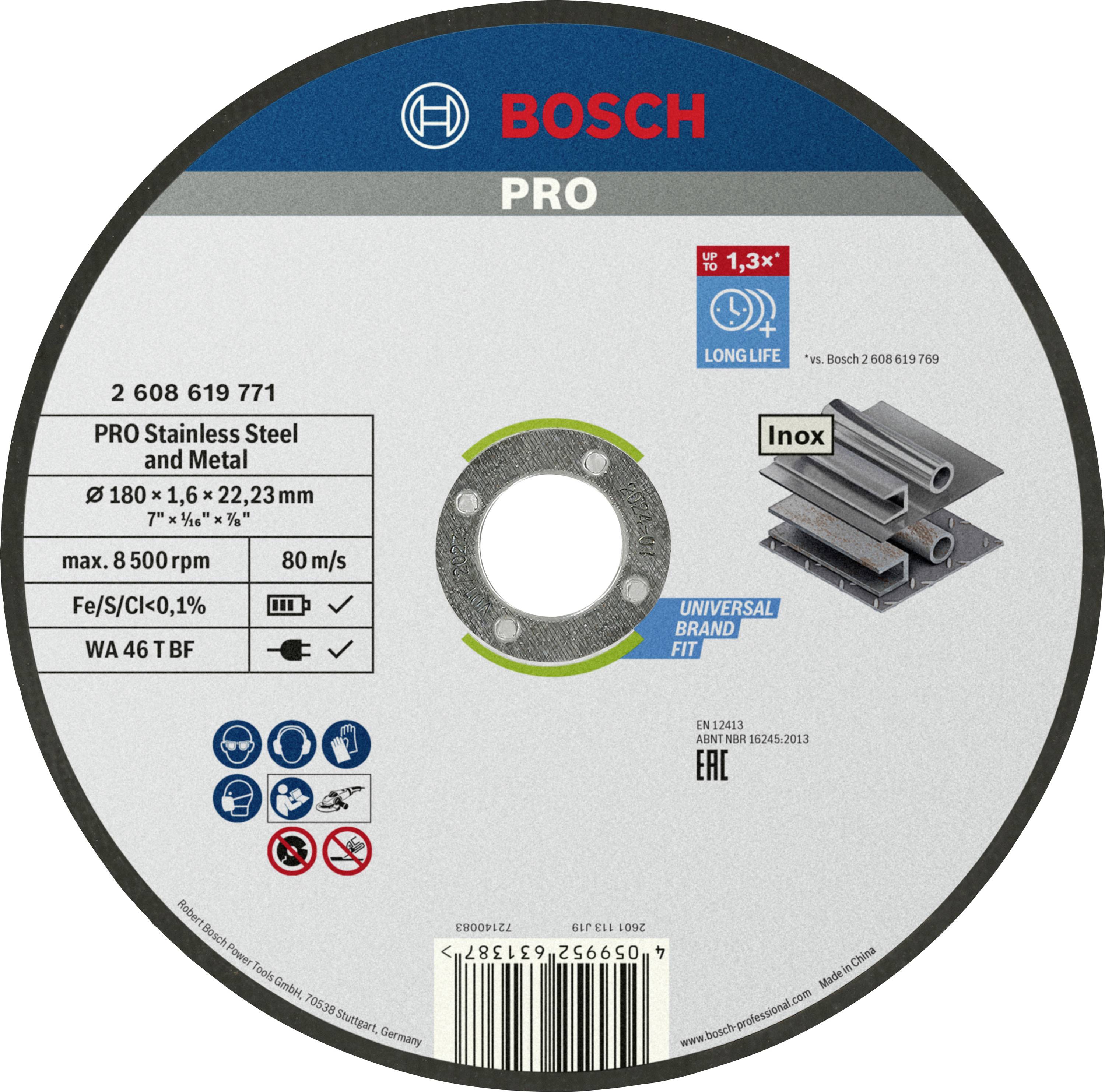 'Bosch PRO' kapskive til rustfrit stål og metal, ø180 x 1,6 x 22,23 mm, maks. 8.500 o/min, type Inox, mærket med sikkerheds- og kvalitetslogoer.
