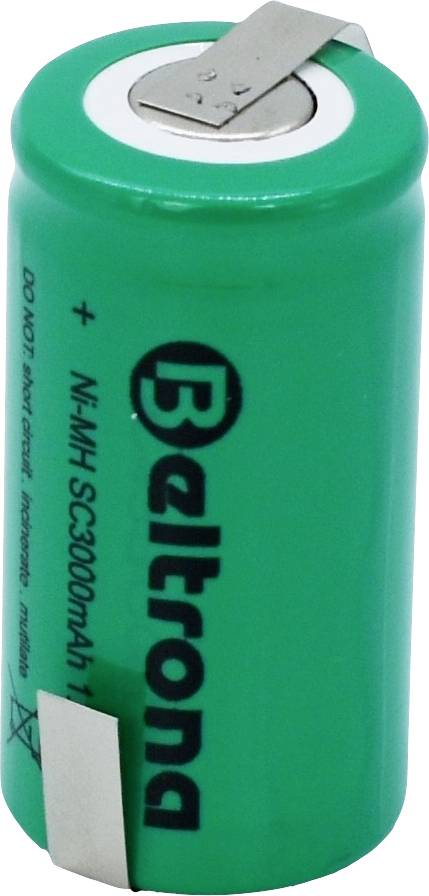 Grøn genopladelig Beltrona NiMH-batteri med 3000mAh kapacitet og metalcontakter, vist stående.