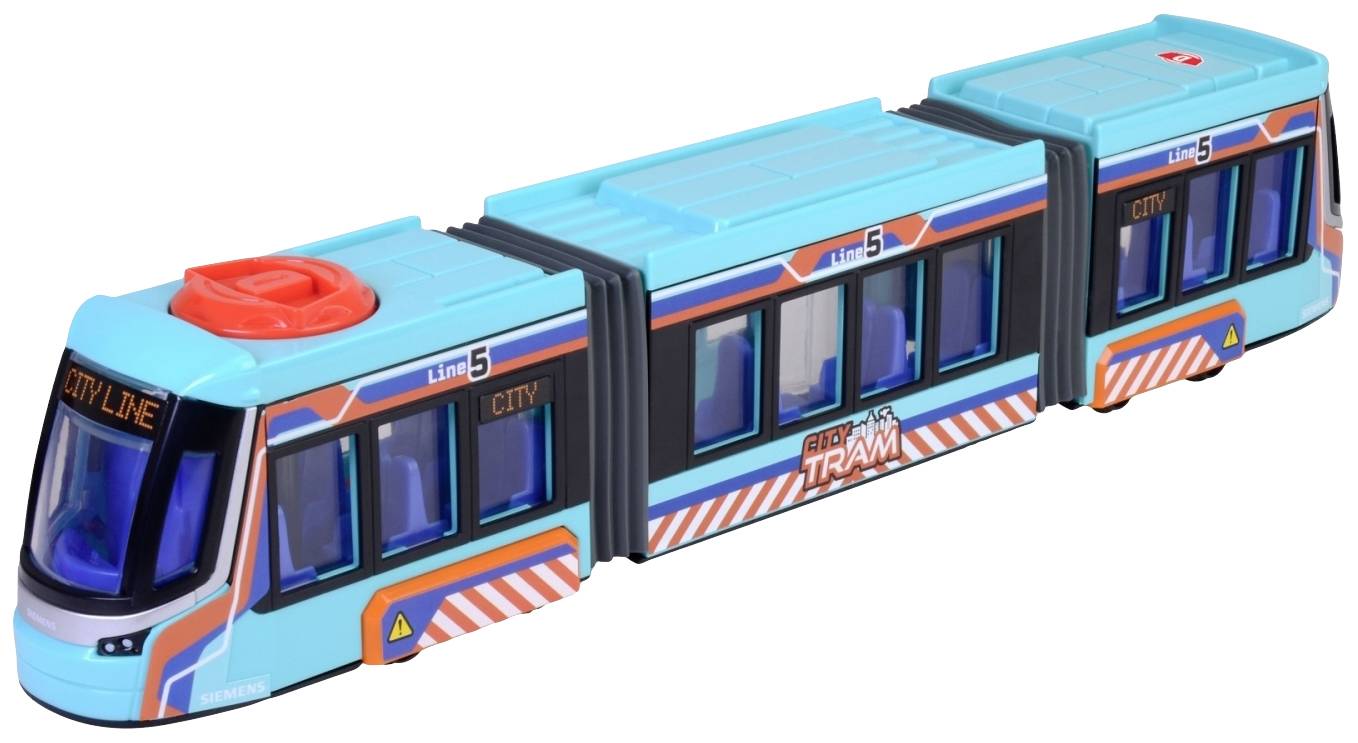 Legetøjs-sporvogn i blå og orange, mærket med 'Linje 5 City Line'. Ligner en moderne bybane i detaljen.