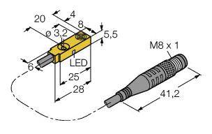 Diagram over en LED-sensor med dimensioner: Længde 28 mm, bredde 6 mm. LED i midten. M8 x 1 stik til højre, længde 41,2 mm.