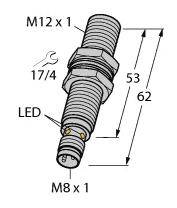 Tegning af en cylindrisk sensor med dimensioner. Mærket med 'M12 x 1', 'M8 x 1', 'LED' og målangivelser '53' og '62'.