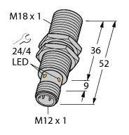 Teknisk tegning af en stik med LED, viser gevind M18x1 og M12x1, samlet længde 52 mm, med mål for montering og stikkonfiguration.