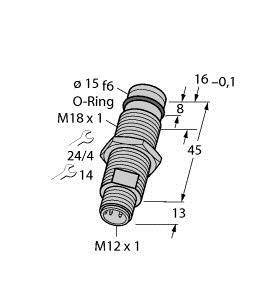 Teknisk tegning af en cylindrisk stikforbinder med M12-gevind. Mål og O-ring-position er angivet til højre.