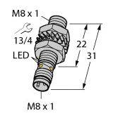 Diagrammet viser en M8 x 1.0-stik med en LED, skruenøglesymbol og mål: 13/4, 22 mm, 31 mm.