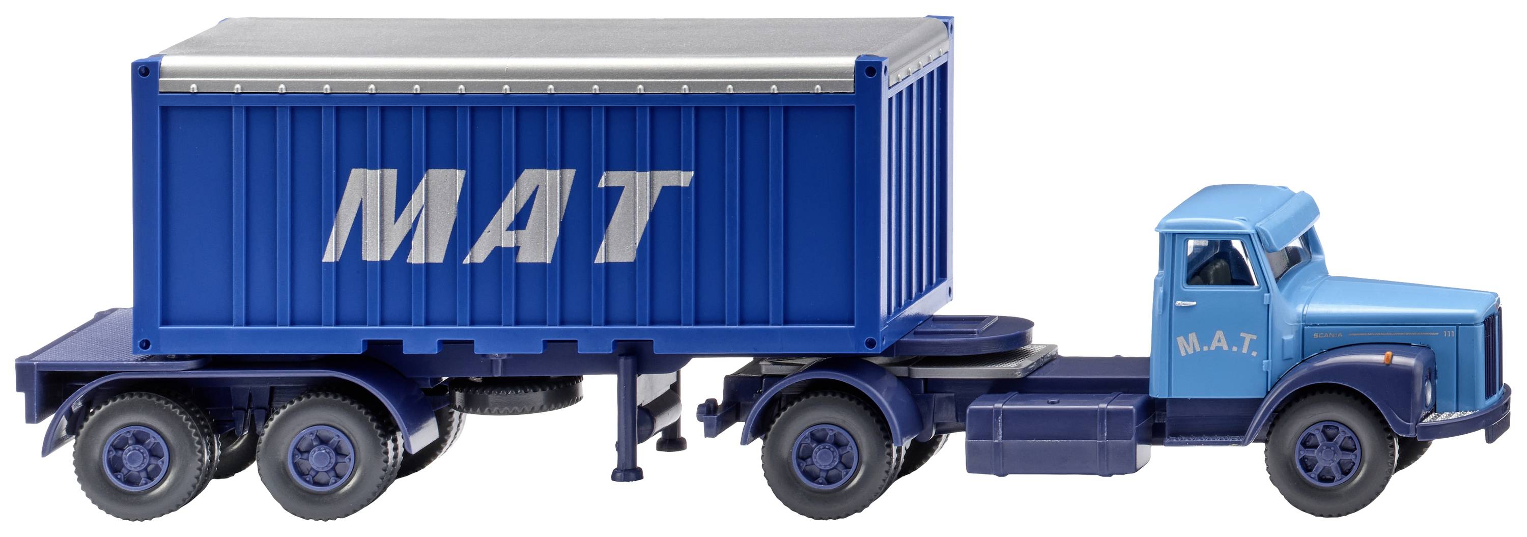 Blå legetøjslastbil med anhænger og container. Containeren er mærket 'MAT'.
