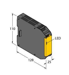 Illustration af en rektangulær elektronisk enhed med dimensionerne 110x128x25 mm. Til højre er et gult område markeret med LED-display.