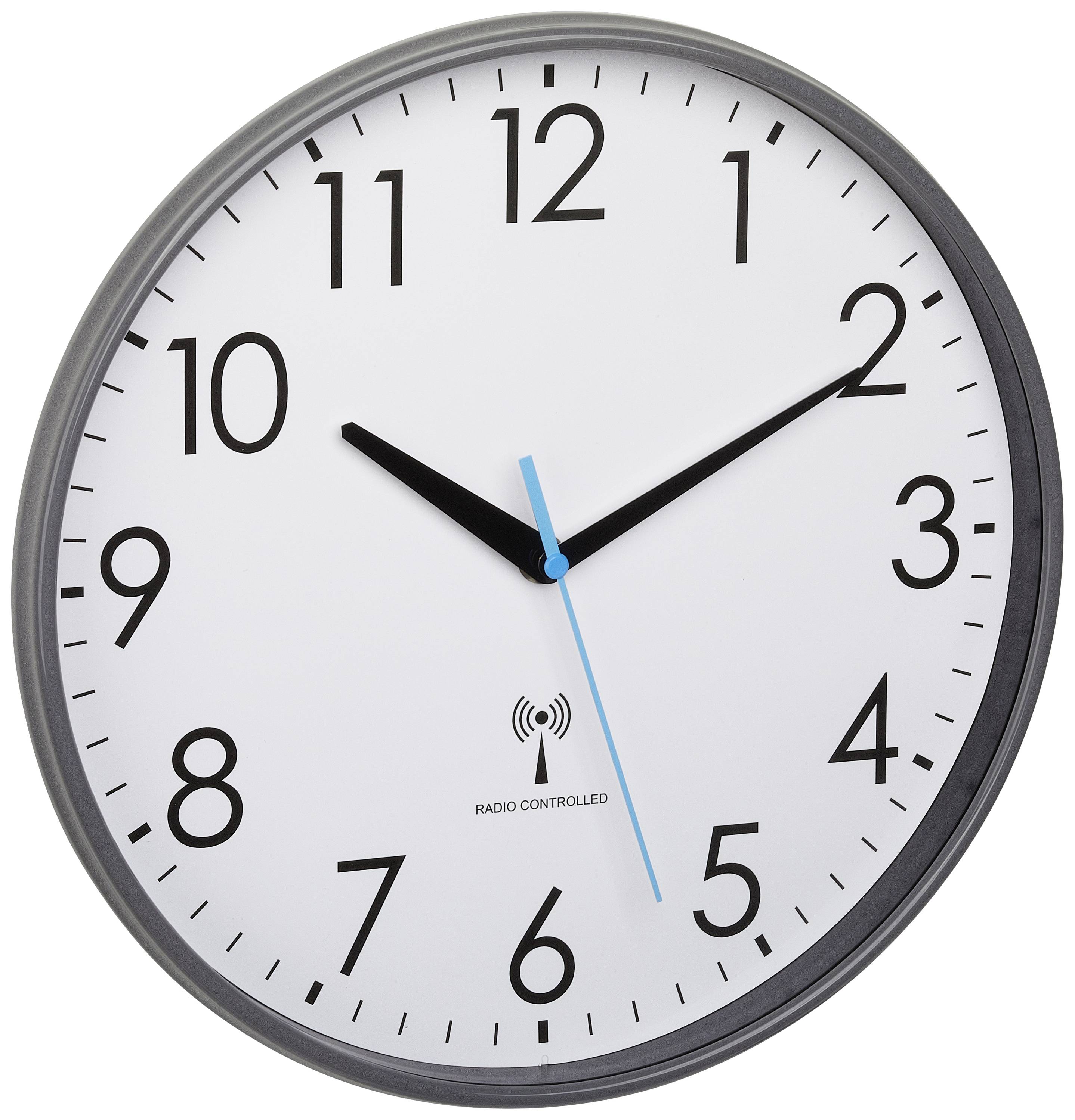 Et analogt vægur viser 10:10. Det har en hvid urskive, sorte tal og en blå sekundviser.