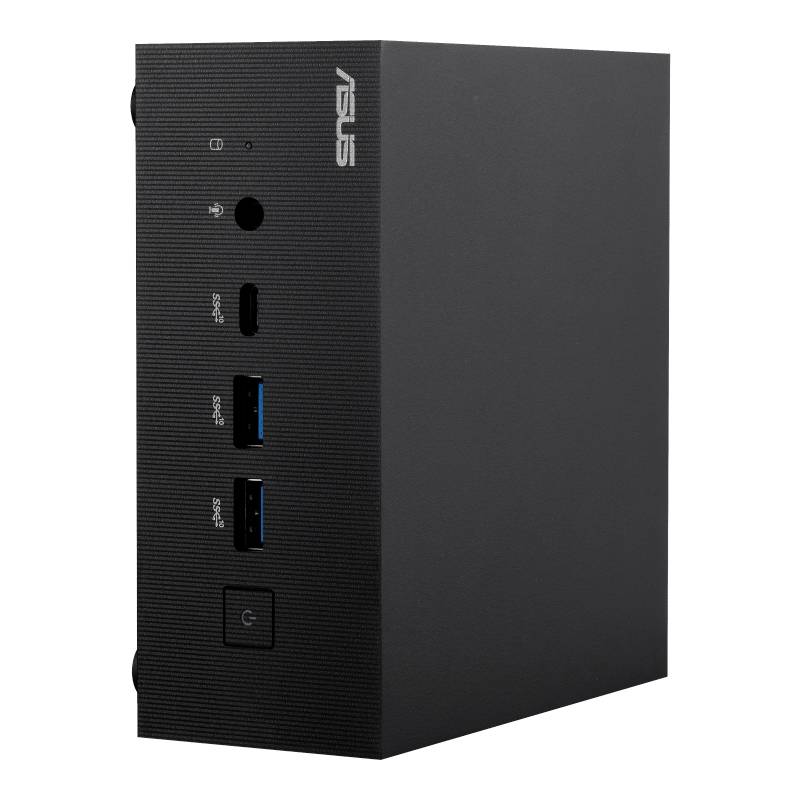Kompakt sort computer med flere USB-porte og tænd/sluk-knap fra mærket ASUS. Står lodret.