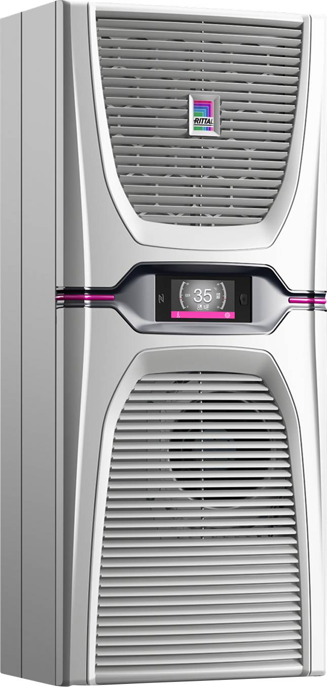 Industriel køler med digital temperaturvisning, viser 35 grader. Enheden har to ventilationsgitre og en sølvfarvet overflade.