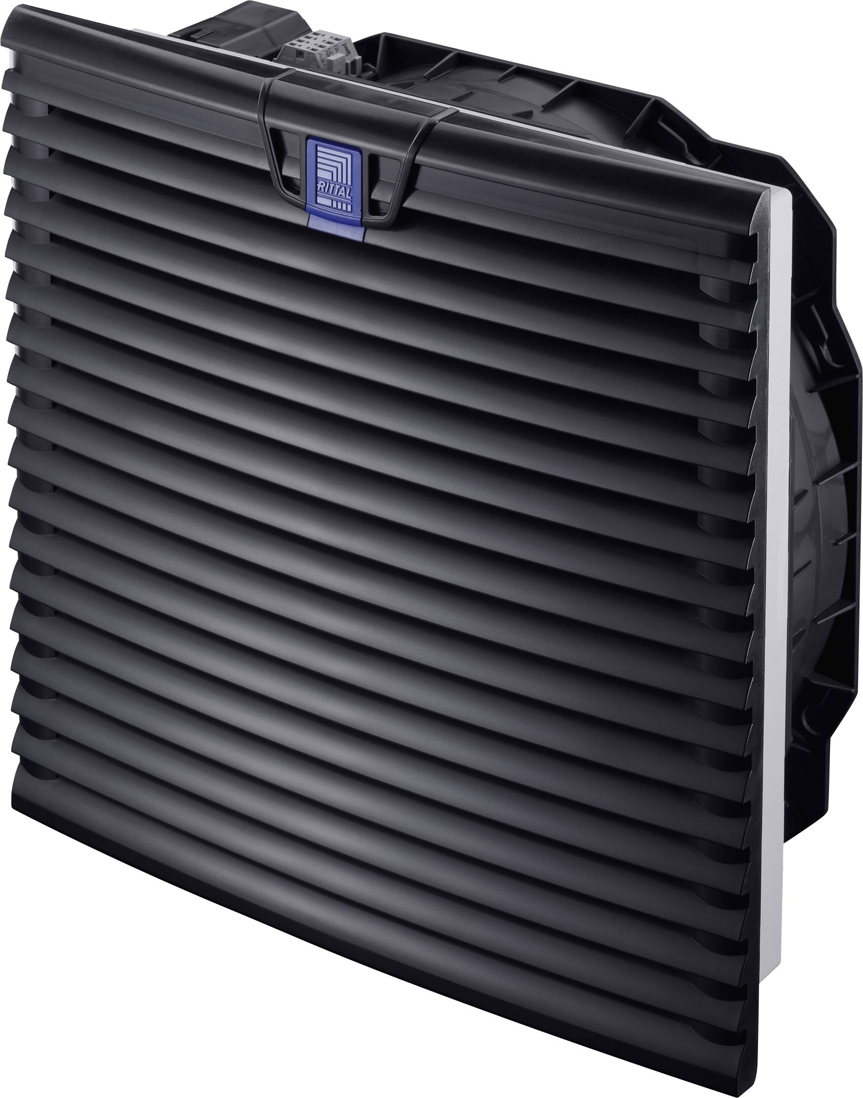 Sort ventilationsgitter med logo øverst. Design til industriel ventilation, moderne og funktionelt.