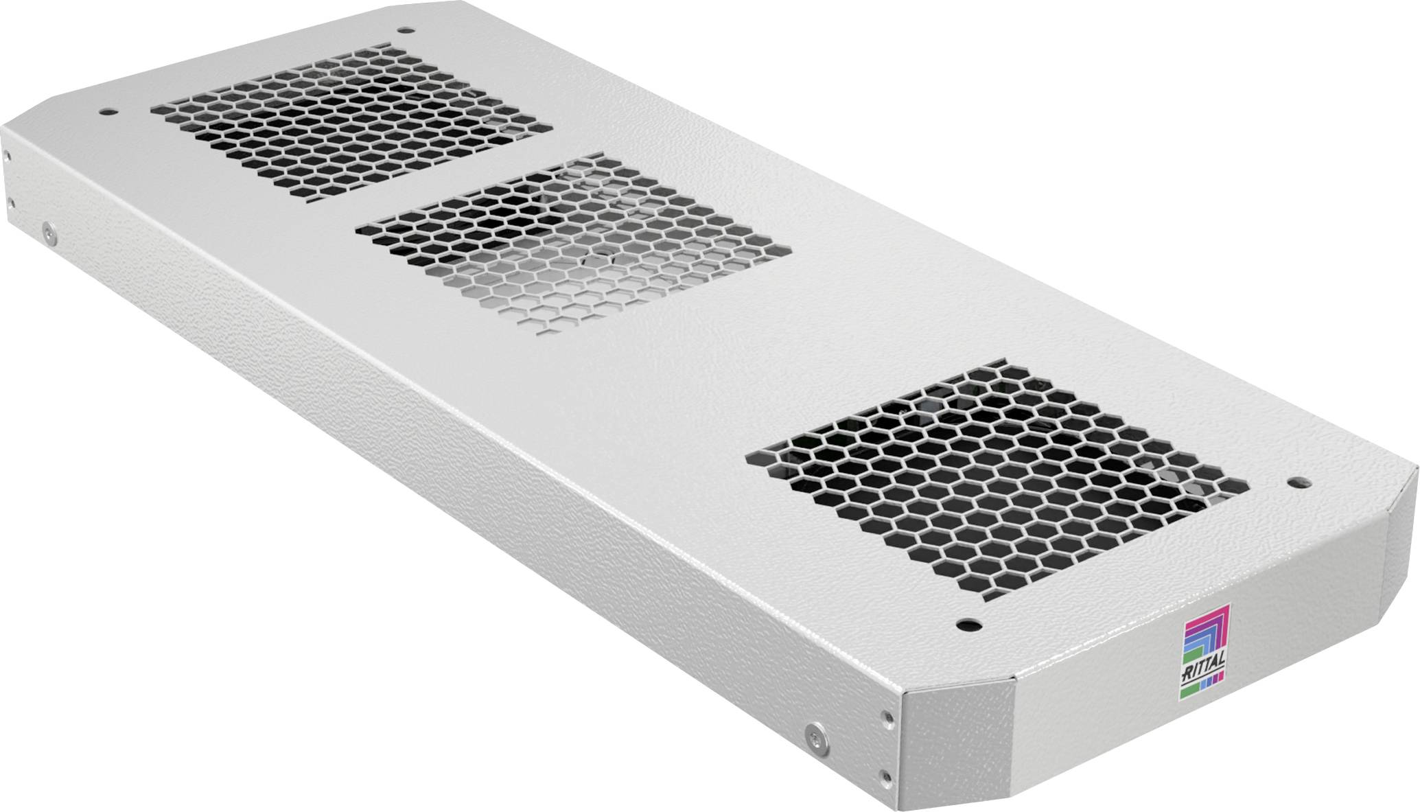 Metalgrå rektangulær ventilationsgitter-kasse med to gitteråbninger og en lille farvet logo på hvid baggrund.