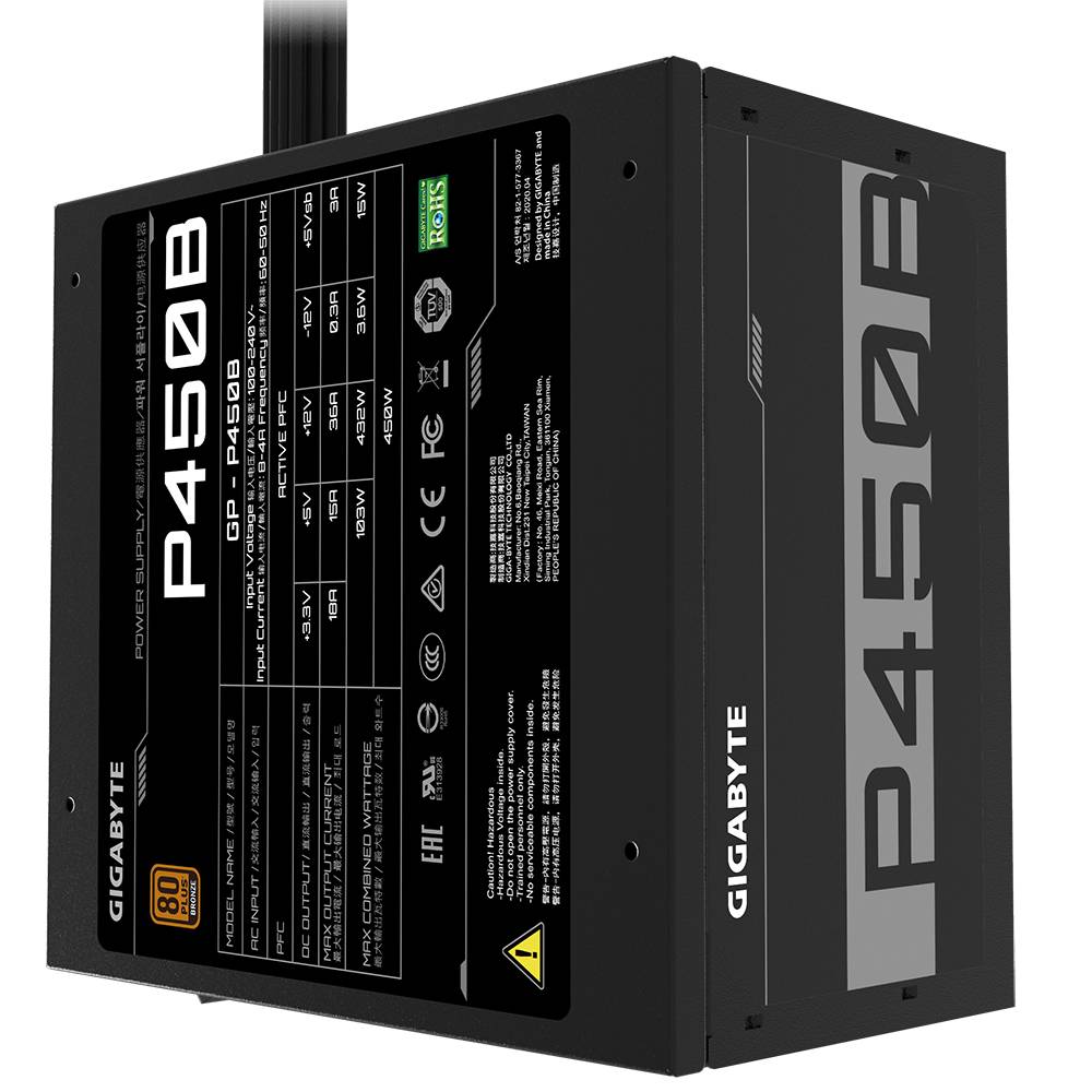 Netzteil 'Gigabyte P450B' i sort med tekniske specifikationer på siden, inklusive en 80 PLUS Bronze-certificering.