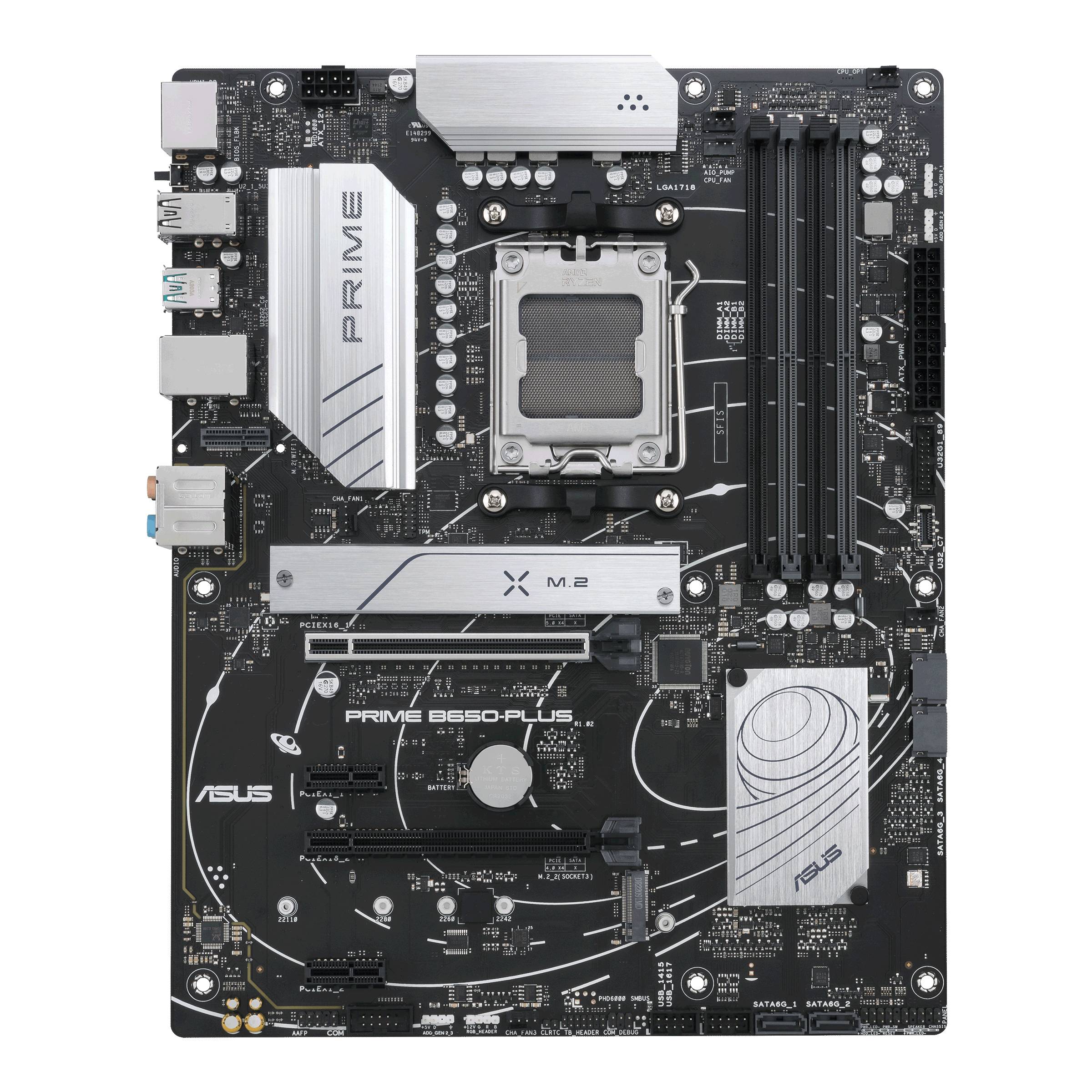 'Asus Prime B550-Plus Bundkort', viser pladser til processor, RAM og PCIe, med køleribber og tilslutninger til periferiudstyr.