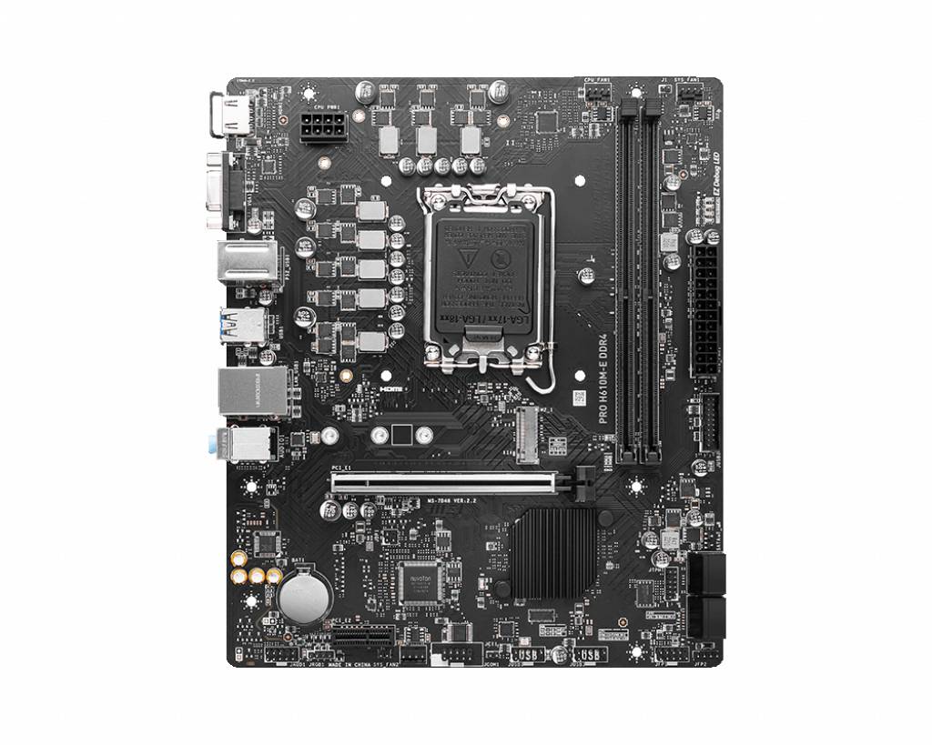 Sort PC-bundkort med flere stik og tilslutninger, central CPU-sokkel og forskellige elektroniske komponenter.