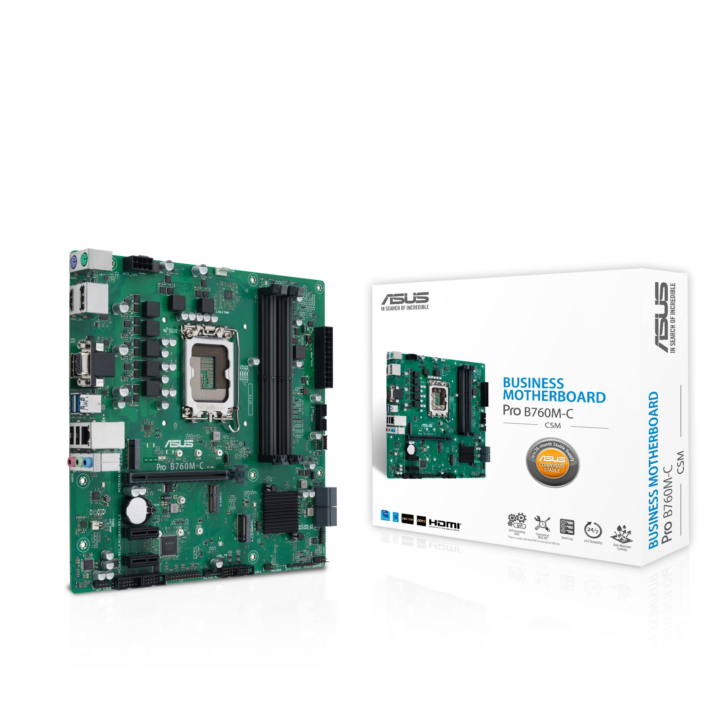 Billede af et ASUS Business Motherboard Pro B760M-C ved siden af dets emballage. Bundkort til kraftfulde computeranvendelser.