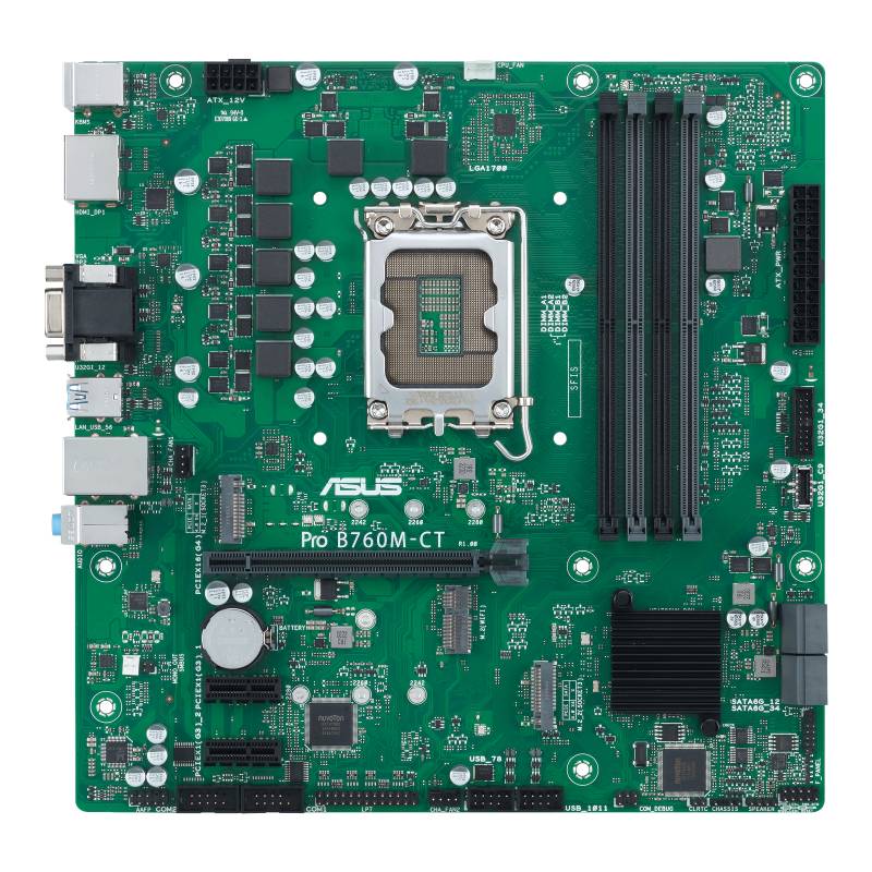 Illustration af et grønt computer-bundkort med flere tilslutninger, stik og en CPU-sokkel i midten.