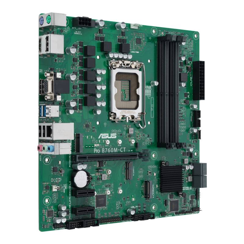 Et grønt computer-bundkort med forskellige forbindelser og elektroniske komponenter, model 'ASUS Pro B760M-CT'.