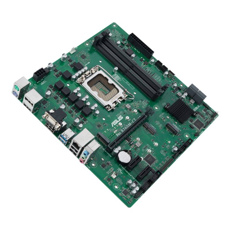 Et grønt computer-bundkort med forskellige elektroniske komponenter og stik, herunder CPU-sokkel og hukommelsesmoduler.