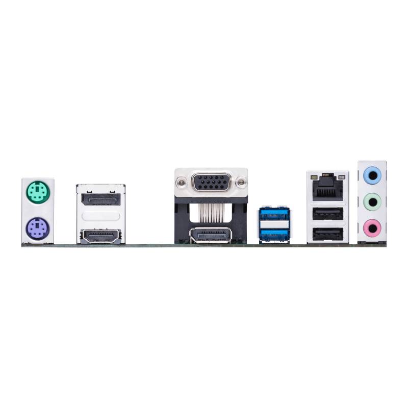 Bagsiden af et computer-bundkort med forskellige porte: to PS/2-porte, HDMI, VGA, USB, Ethernet og lydstik.