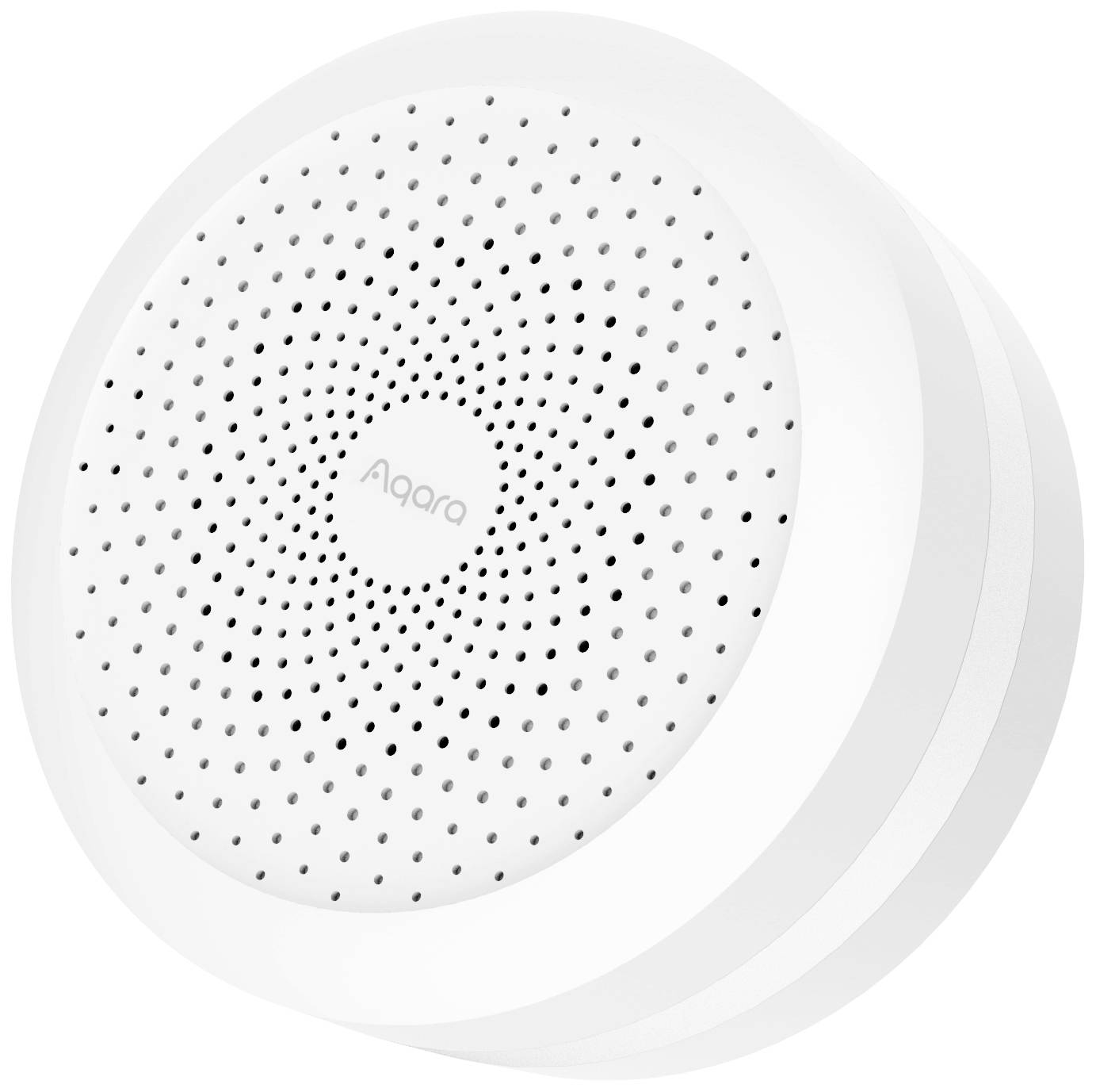 En rund, hvid Smart Home-sensor med mange små huller og påskriften 'Aqara' i midten.