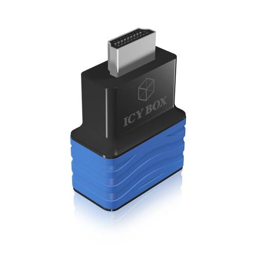 En HDMI-adapter med blåt og sort design. HDMI-stikket øverst er fremhævet, ligesom det bølgeformede mønster på siden.