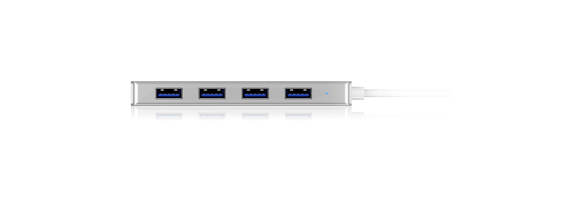 En sølvfarvet USB-hub med fire USB-3.0-porte og et tilsluttet kabel.