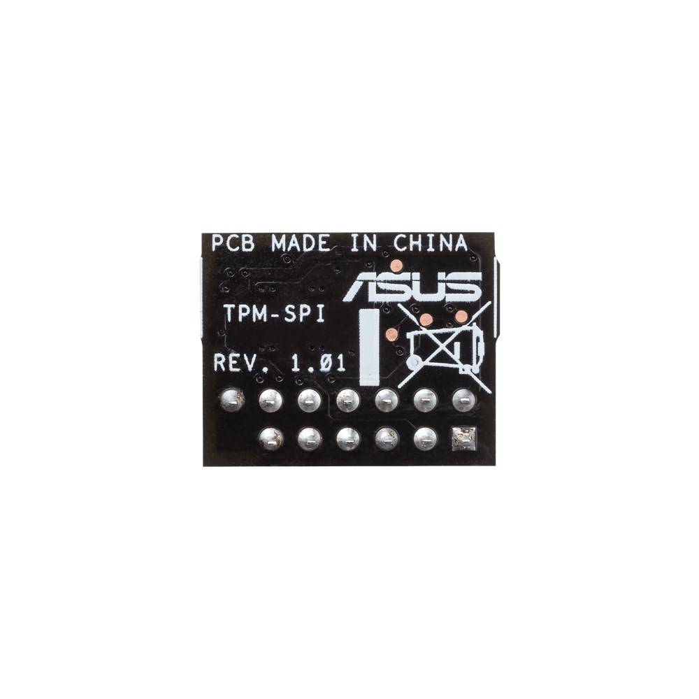 Sort modul med påskriften 'PCB Made in China', 'TPM-SPI', 'REV. 1.01' og 'ASUS'-logo, med flere sølvfarvede tilslutningspins.