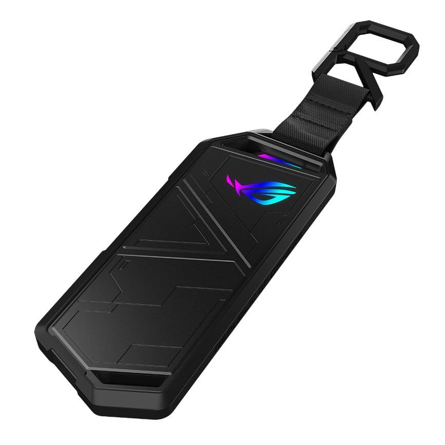 Ekstern harddisk med farvet logo, sort kabinet og robust sløjfe til fastgørelse. Moderne design, kompakt og transportabel.