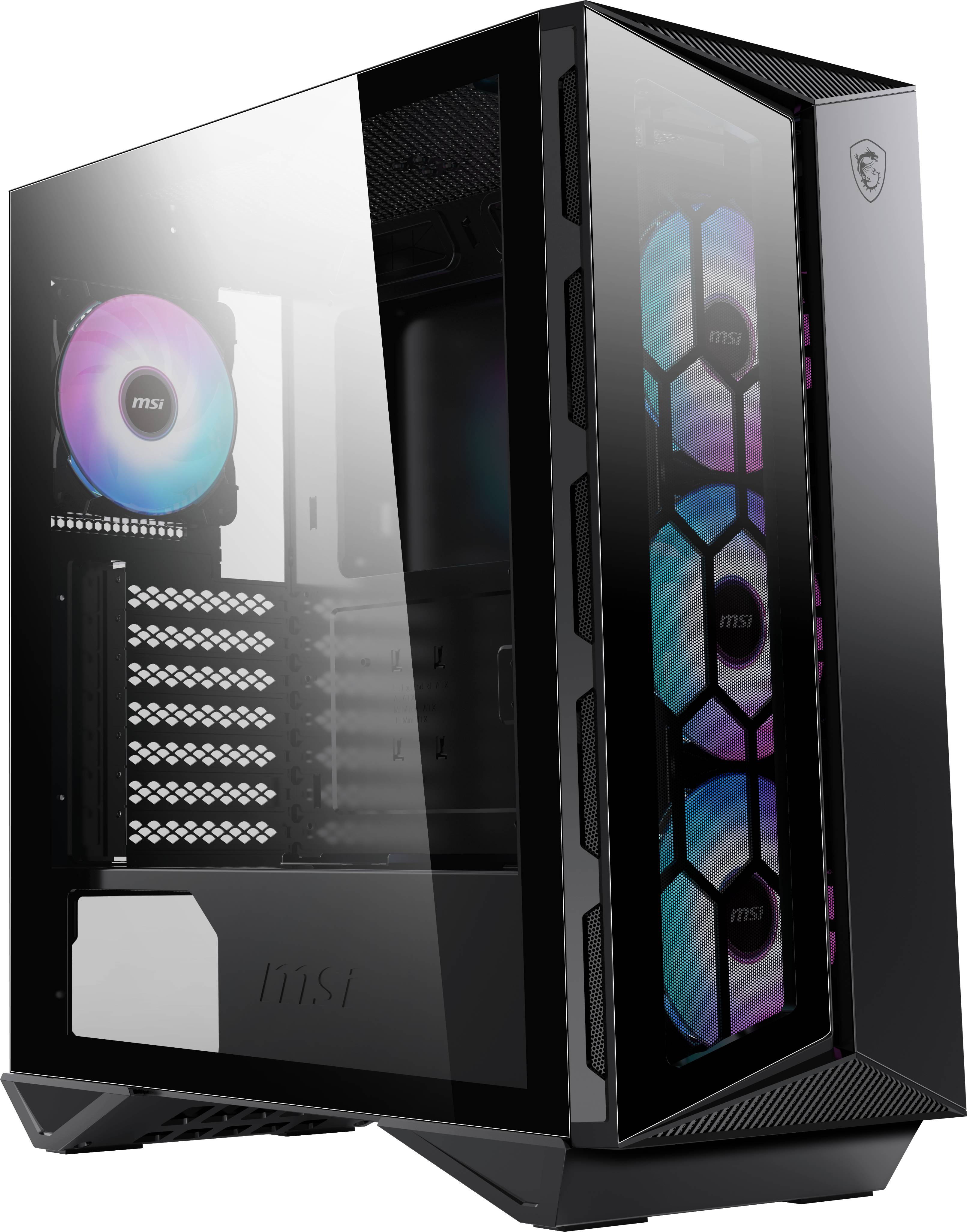 Et sort computerkabinet med glasfront viser indvendigt LED-belyste blæsere og en struktureret opsætning til gaming-pc'er.