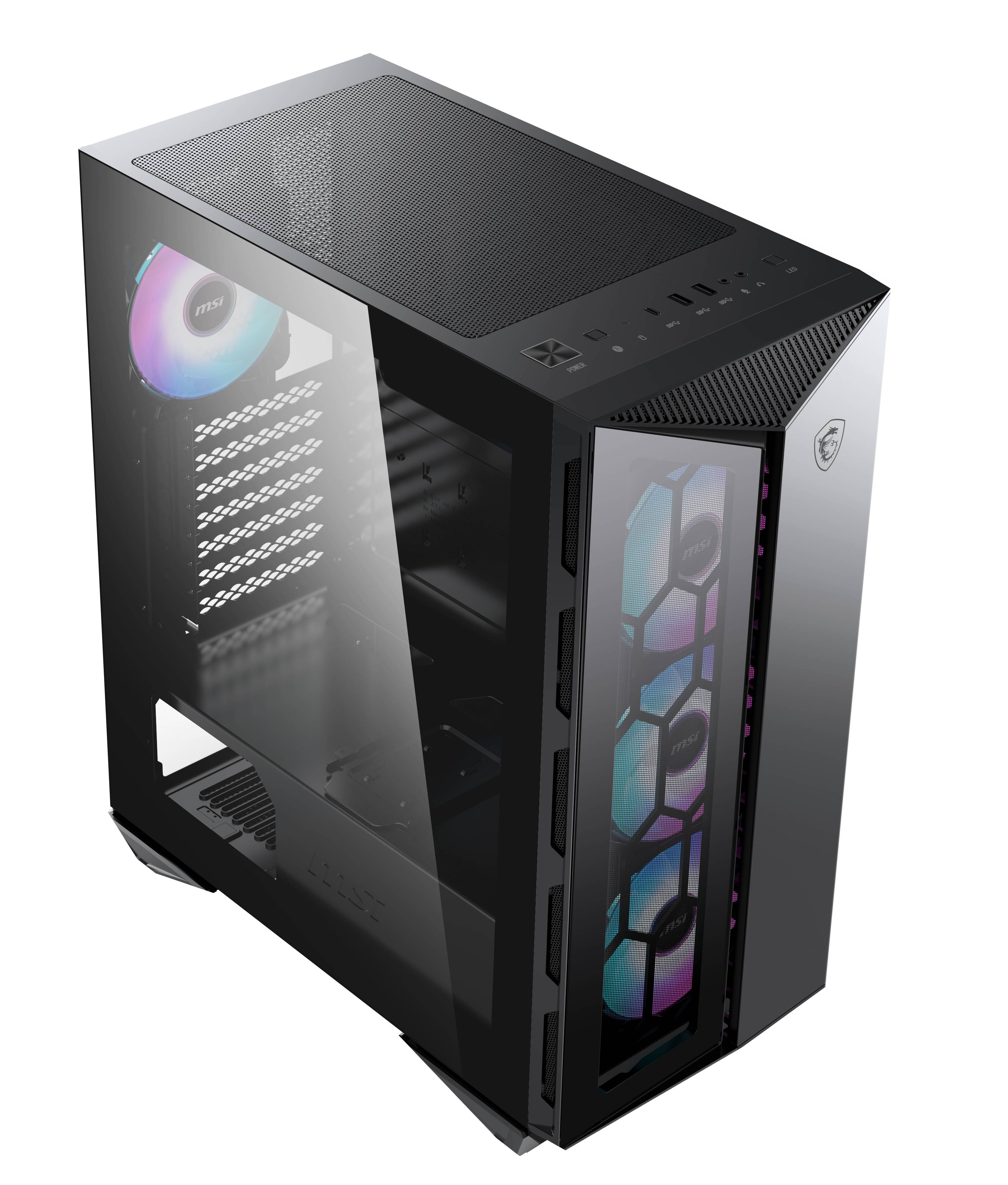 Sort computerkabinet med gennemsigtigt sidepanel; indeholder farverige blæsere på forsiden. Perfekt til gaming-pc-bygning.