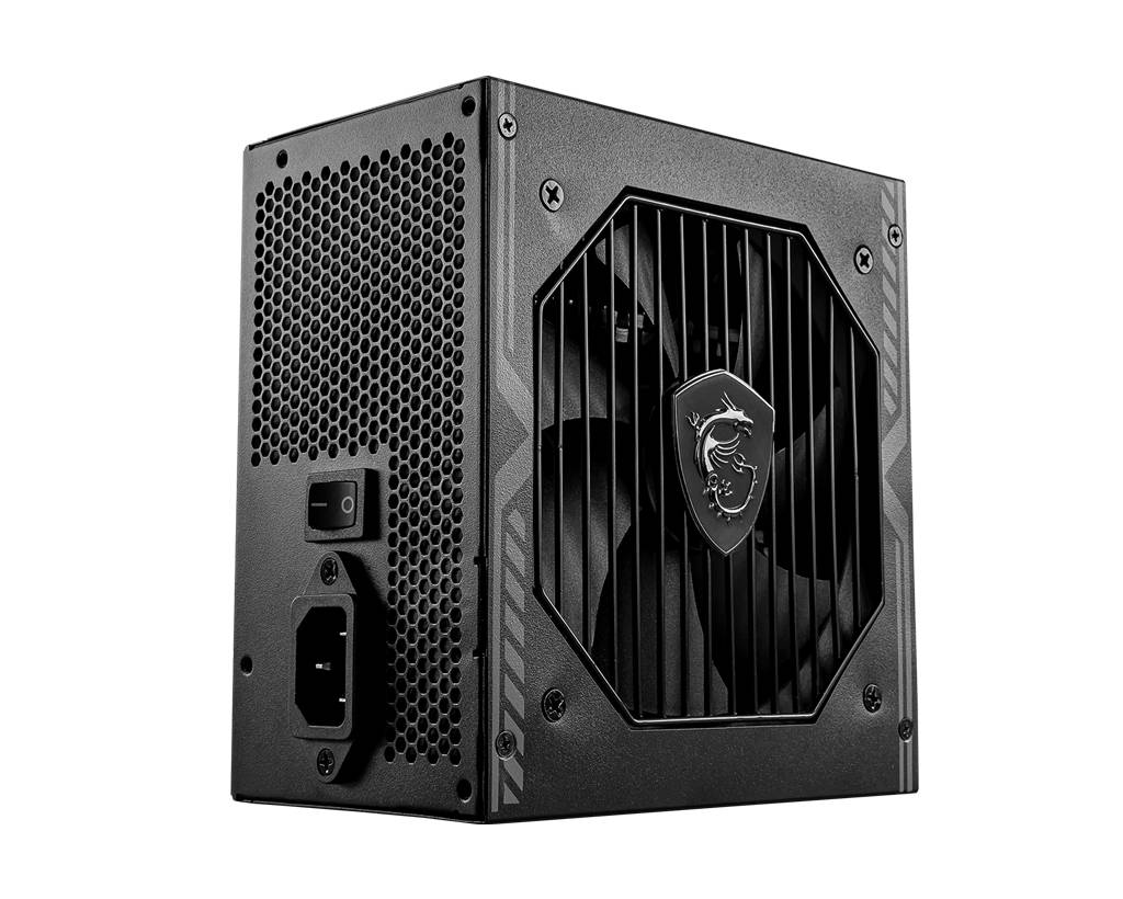 Sort PC-strømforsyning med ventilationsgitter og tilslutningsstik, MSI-logoet synligt på forsiden.