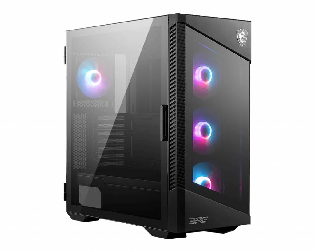 Sort PC-kabinet med gennemsigtig sidevindue, viser fire blæsere med farverige LED-lys. Varemærke på forsiden.