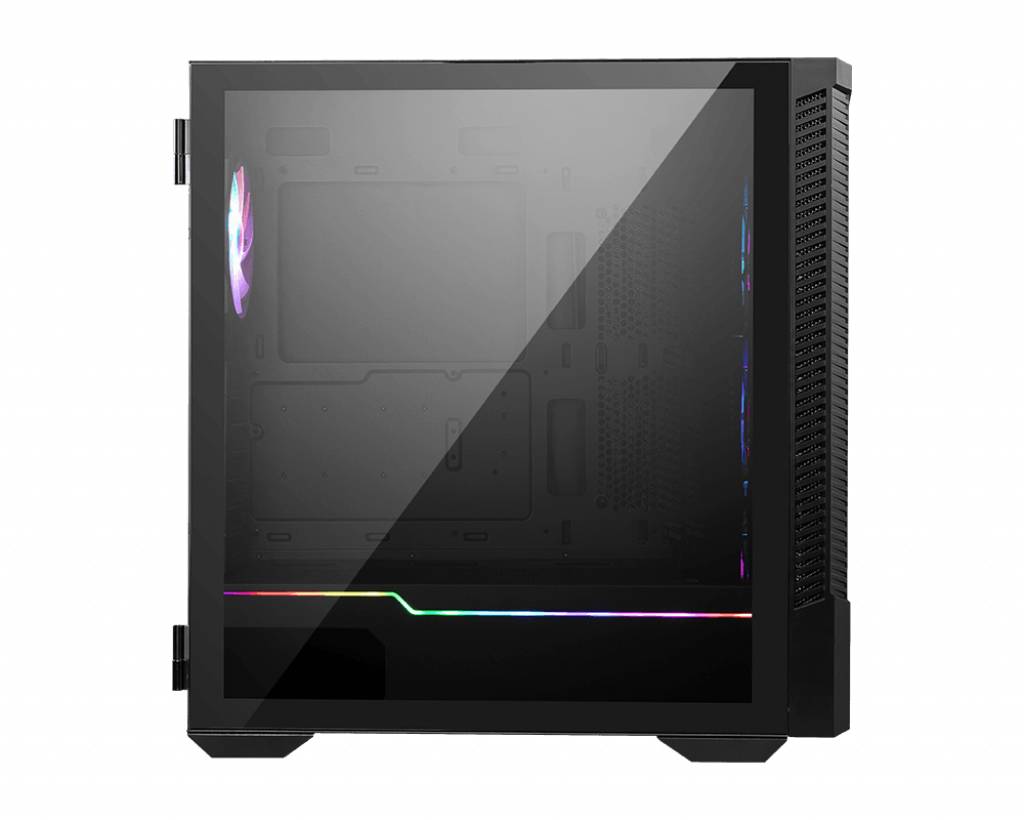 Et sort PC-kabinet med transparent sidepanel og farverig LED-belysning på forsiden, velegnet til gaming-konfigurationer.