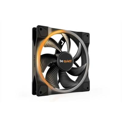 PC-blæser fra be quiet! med sorte og grå vinger og orange LED-ring, ideel til støjsvag computerkøling.