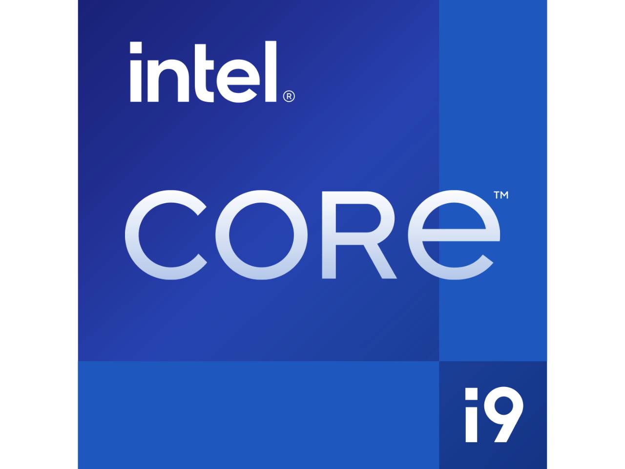 Intel Core i9 logo i blå firkant, repræsenterer en kraftfuld processorlinje fra Intel.